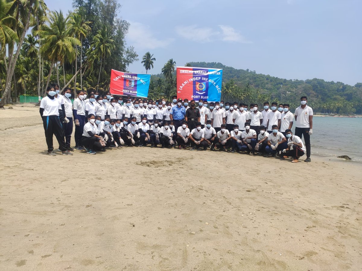 sanat_sil8's tweet photo. As a part of #PuneetSagarAbhiyan cadets and staff  of Army and Naval NCC Units of Port Blair conducted Beach Cleanship and Community Awareness campaign at Corbyn's Cove Beach, Port Blair. Large quantities of plastic and non degradable 
#PuneetSagarAbhiyan
@HQ_DG_NCC
@NCCDte_TNPAN https://t.co/rbmFxOGIGm