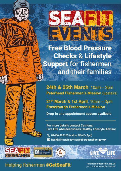 EconDevAbshire's tweet photo. ℹ️ Families directly involved in the #fishing industry in #Aberdeenshire may be interested in 1 of 2 free @GetSeaFit health events
Appointments or drop-in's available, 10am-3pm

🗓️ Thu 24 &amp; Fri 25 Mar #Peterhead
🗓️ Thu 31 Mar &amp; Fri 1 Apr #Fraserburgh

🐟 https://t.co/m83yvMRw7y https://t.co/gTBFOztZzy