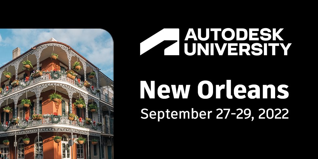autodesku's tweet photo. We're thrilled to bring the Autodesk community together this fall as we return in person to an all-new location: New Orleans!

Registration opens this summer. Mark your calendars! https://t.co/NloT7EwysV https://t.co/hBobhMDne5