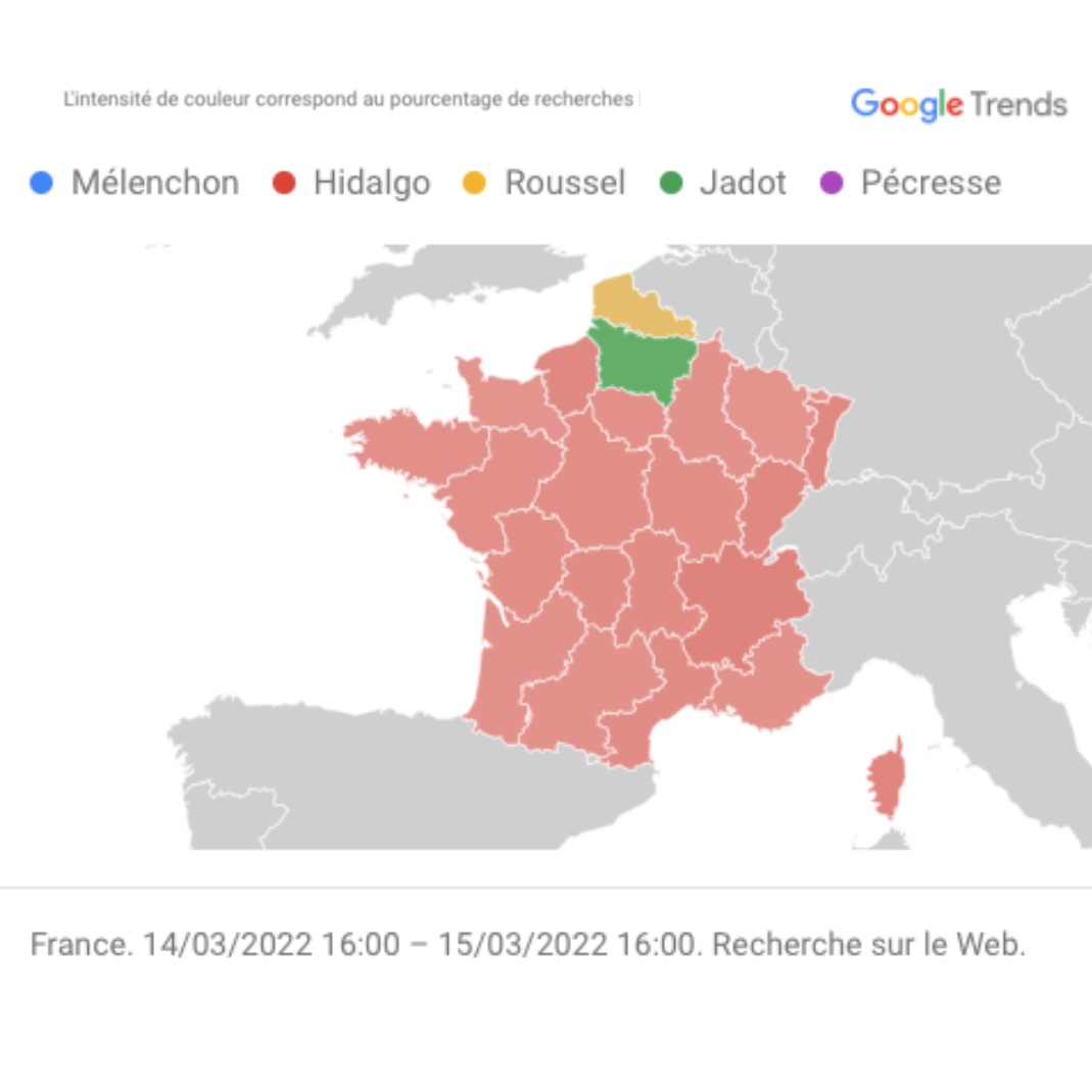 2022avecHidalgo's tweet photo. Il se passe quelque chose 👀

@Anne_Hidalgo est très largement 🥇 des recherches Google effectuées pendant toute la durée de #FaceAlaGuerreTF1 !

Le résultat est encore plus flagrant avec la représentation des recherches par départements.

#Hidalgo2022 https://t.co/SSf0TgOHDG