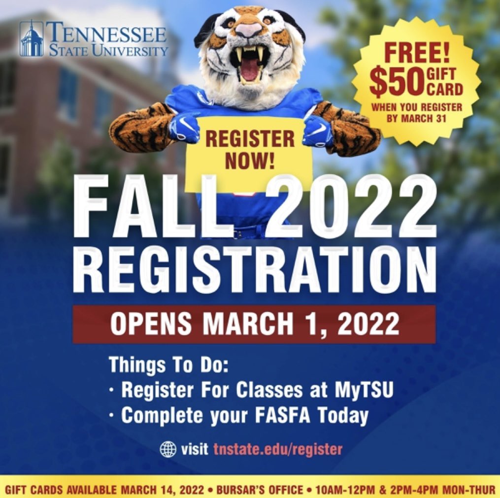 TSU_AARC's tweet image. Tigers, don’t miss out on that $50 gift card! Register today for Fall 2022. 

#tsuasc #tsu #tnstate #tennesseestateuniversity #hbcu #register #gift #giftcard #actnow