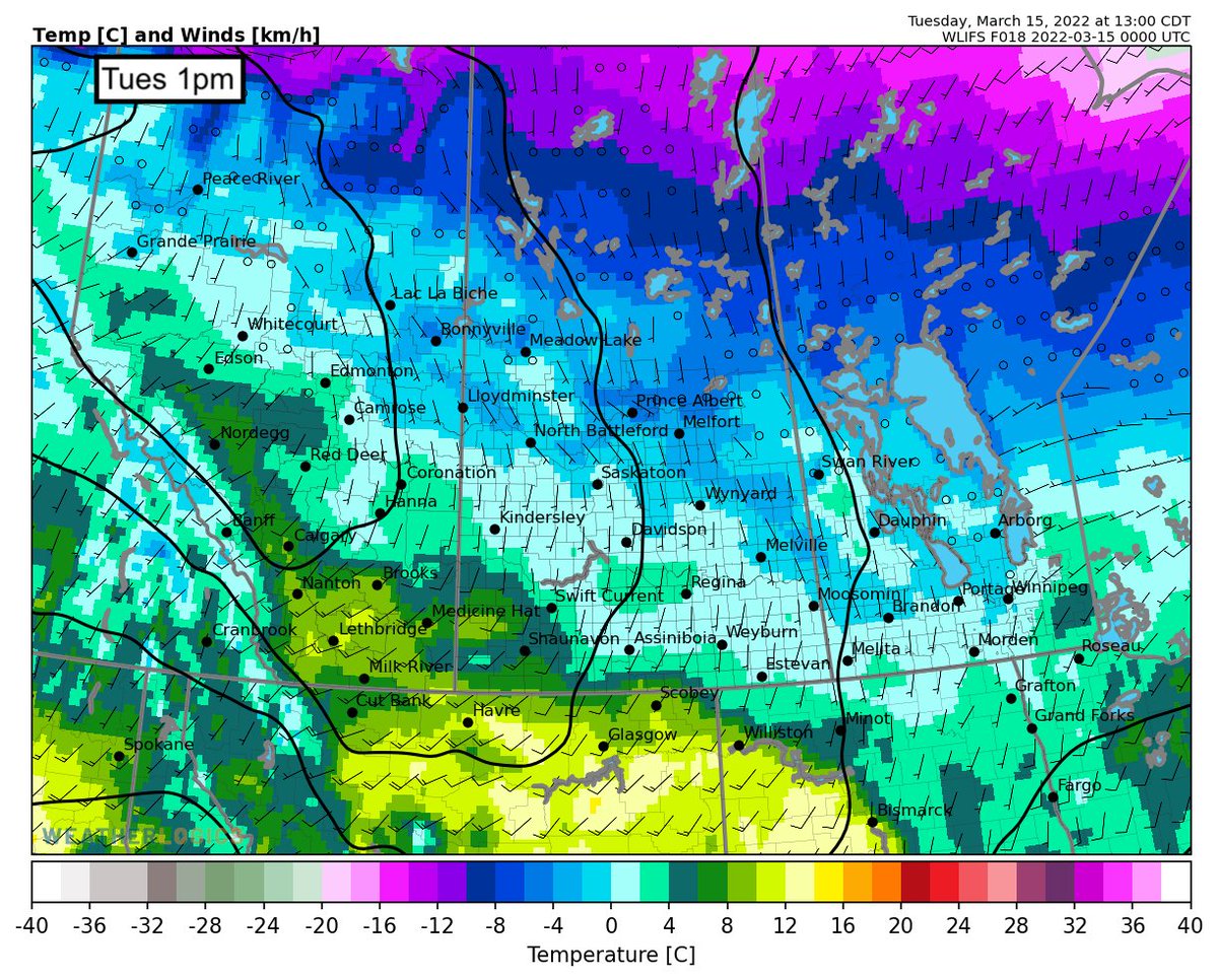 weatherlogics's tweet photo. More spring-like weather is expected this week. High temperatures are expected to finally rise above freezing, as shown on the maps for 1pm cdt today and tomorrow. 

#CdnWx #MbWx #SkWx #AbWx #weatherlogics #meteorology #CdnAg #plant22 https://t.co/4WgGvW5uOE