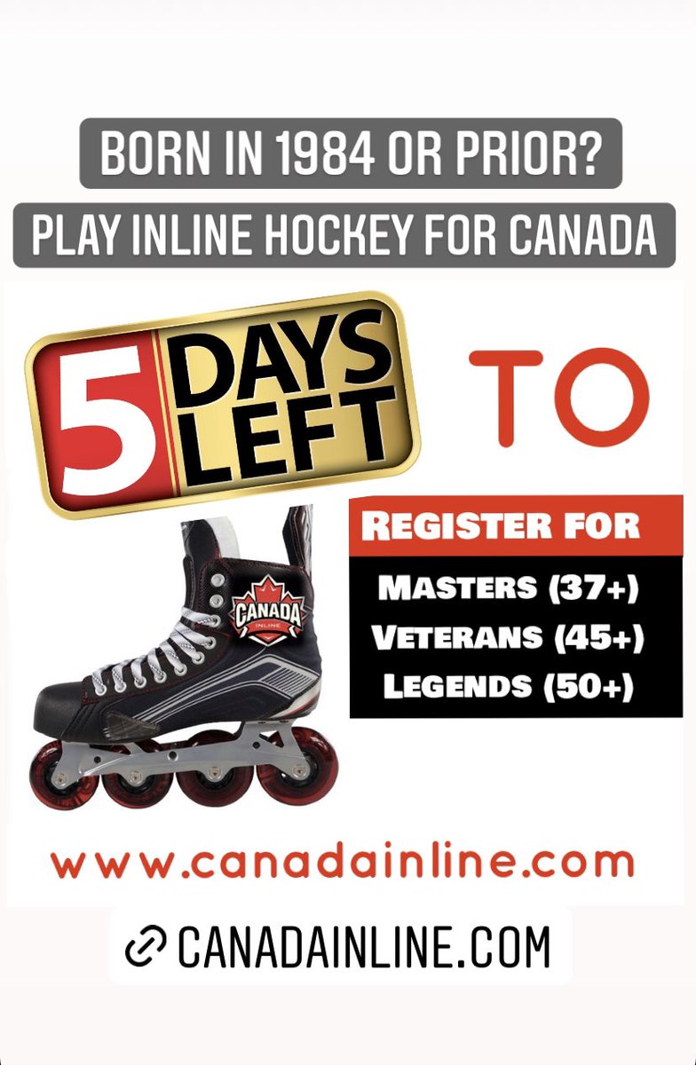 Were you born in 1984 or prior and want the chance to play inline hockey for Canada? Application registration for Masters (37+), Veterans (45+) &amp; Legends (50+) divisions is NOW OPEN &amp; is FREE. Visit….www.canadainline.com