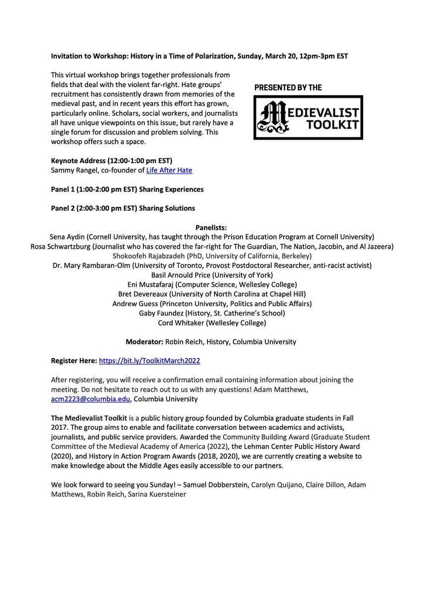 medievaltoolkit's tweet image. Join us this Sunday for our virtual workshop, bringing together academics and public-facing professionals to address the intersections of medieval history and extremist narratives. Register here: bit.ly/ToolkitMarch20…