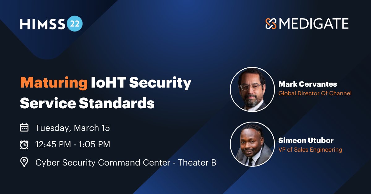 MMedigate's tweet photo. Join me shortly at Cyber Theater B, where I'll be speaking on PROS—@MedigateLtd's innovative IoHT-specialized services model built to reduce HDO risk and drive compliance. #HIMSS22 https://t.co/Xg08wMgzgt