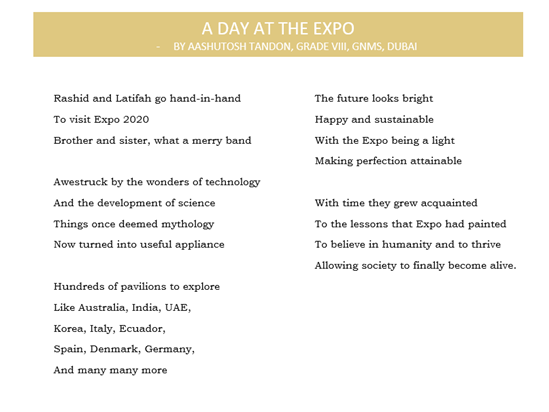 AashutoshTandon's tweet photo. My thoughts on #expo2020 in the form of a poem @expo2020dubai  @expo2020schools @khda @gemsnms_alkhail @Fatima_Martin @mashanazeem1 @JayarajVenetia @divya_joyce @nmsmiddleschool https://t.co/OzgmRmGH5S