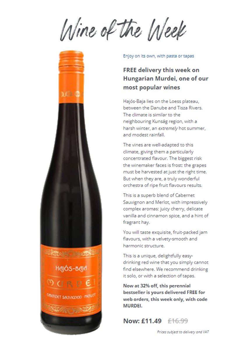 WINE OF THE WEEK! You can't find this smooth, deliciously rich and fruity Hungarian red anywhere else. Just add a bottle to your online order, enter code MURDEI at the checkout and have your entire wine order shipped for free. 🍇🍷
Visit us at pieroth.co.uk/products/murde…