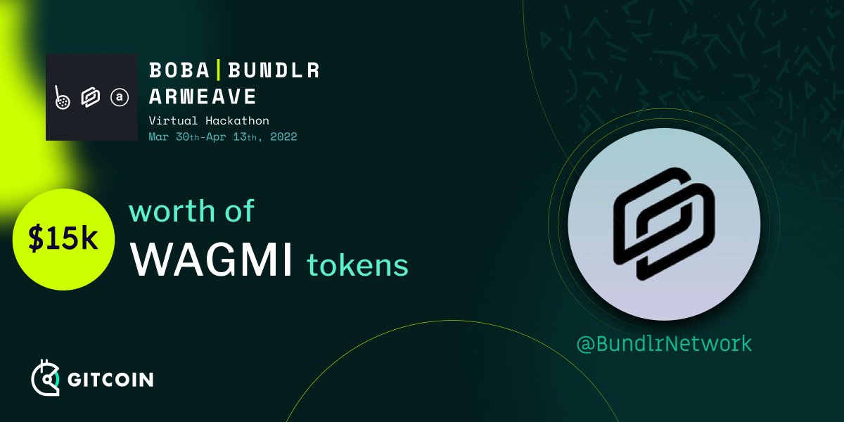 Ready for big news?

We're excited to announce the <a href="/bobanetwork/">Boba Network 🧋</a>, <a href="/ArweaveTeam/">ArweaveTeam</a>, and <a href="/BundlrNetwork/">Bundlr is now Irys 👁️</a> hackathon on <a href="/gitcoin/">Gitcoin</a>!🧋🐘💻

💰There will be $15k worth of WAGMI tokens as a reward
  
See below for more information 👇
gitcoin.co/hackathon/bba-…