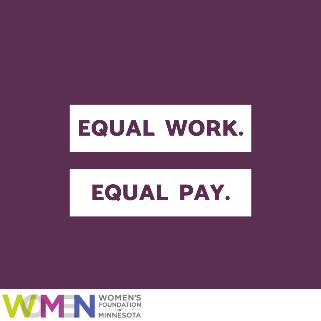 Dark purple background. Two white rectangles making an equal sign have purple text inside reading "Equal Work. Equal Pay." WFMN logo on the bottom against a white bar.