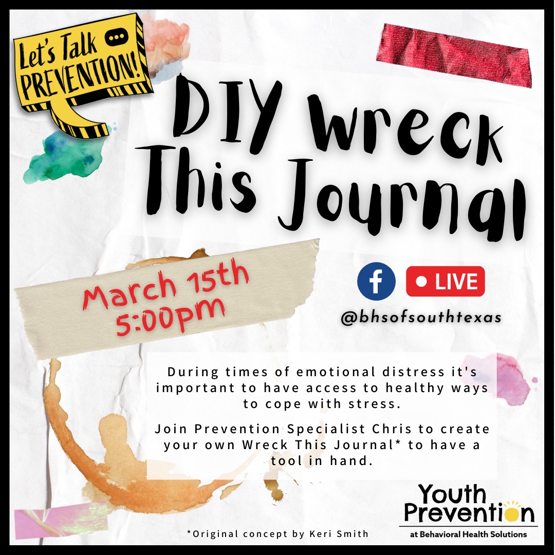JudgeCortez's tweet photo. Let's Talk Prevention goes LIVE on Facebook today, March 15th at 5:00pm.

Prevention Specialist Chris will be showing you how to do your own Wreck This Journal to help cope with negative emotions in a healthy way.

#BHS #BHSST #Prevention #DIY https://t.co/6kTRcbmMDj