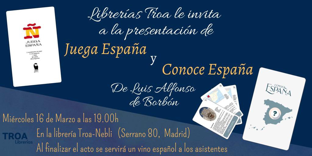 Librería Neblí 📚 (@neblitroa) on Twitter photo Mañana, a las 19:00h, presentamos en #Neblí los juegos “Juega España” y “Conocer España” de <a href="/luisalfdeborbon/">Luis Alfonso de Borbón</a>
¡Os esperamos! 🥳 Mañana, a las 19:00h, presentamos en #Neblí los juegos “Juega España” y “Conocer España” de <a href="/luisalfdeborbon/">Luis Alfonso de Borbón</a>
¡Os esperamos! 🥳
