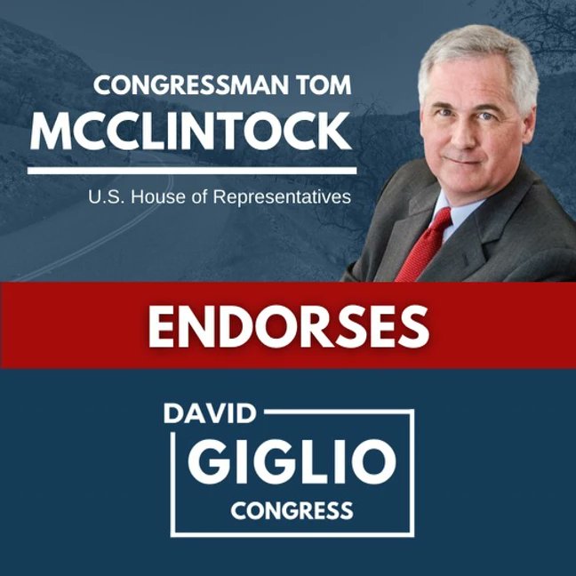 DavidGiglioCA's tweet image. I am honored to announce that I have received the endorsement of @RepMcClintock for my race in the 13th District. 

Tom is a true conservative leader &amp;amp; I look forward to working with him in Washington. 
 
READ TOM'S STATEMENT: davidforthevalley.com/congressman-to…

#CA13 #TakeBackTheHouse2022