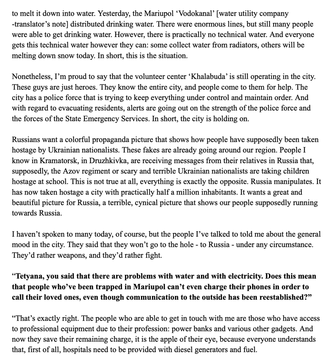 WarTranslation's tweet photo. It is a lunar surface (March 8, 2022) 

Interview about the situation in an around Mariupol, which remains under brutal siege now

Translated by Irina Teveleva

Original: https://t.co/dBfr0StO97 https://t.co/RwZcqtx8bs