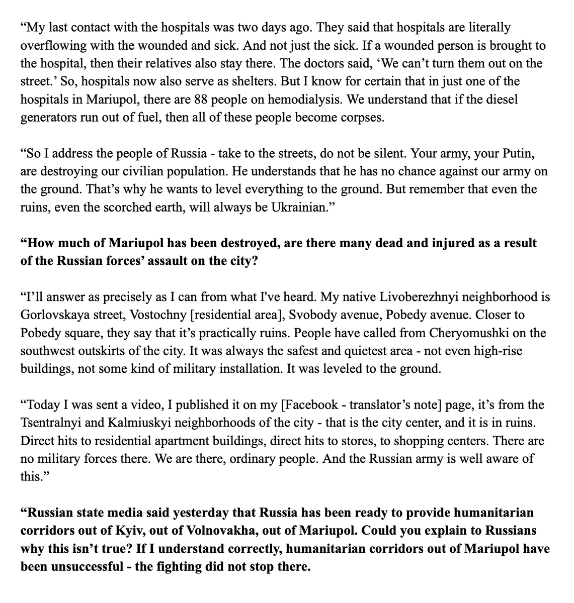 WarTranslation's tweet photo. It is a lunar surface (March 8, 2022) 

Interview about the situation in an around Mariupol, which remains under brutal siege now

Translated by Irina Teveleva

Original: https://t.co/dBfr0StO97 https://t.co/RwZcqtx8bs