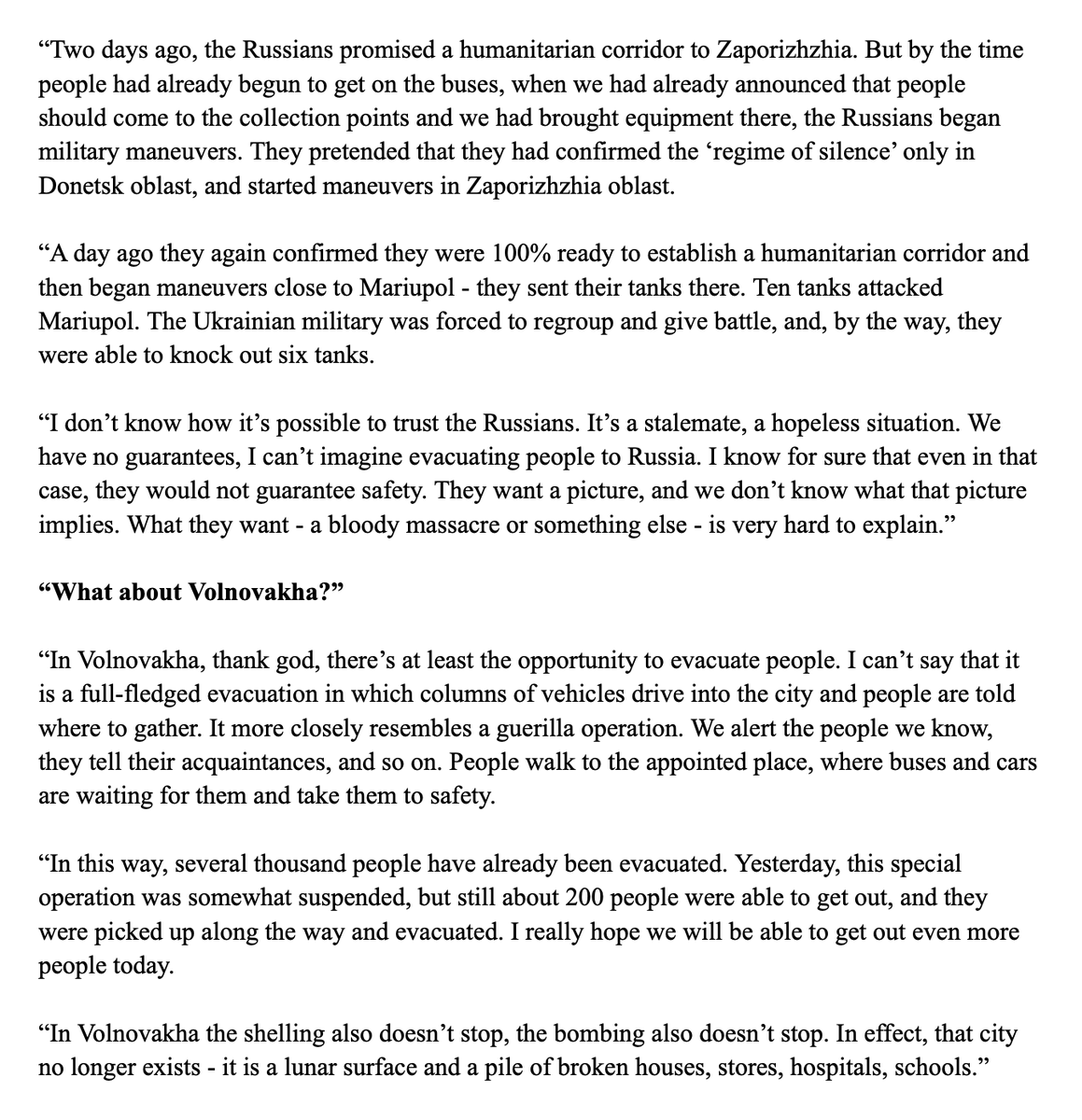 WarTranslation's tweet photo. It is a lunar surface (March 8, 2022) 

Interview about the situation in an around Mariupol, which remains under brutal siege now

Translated by Irina Teveleva

Original: https://t.co/dBfr0StO97 https://t.co/RwZcqtx8bs