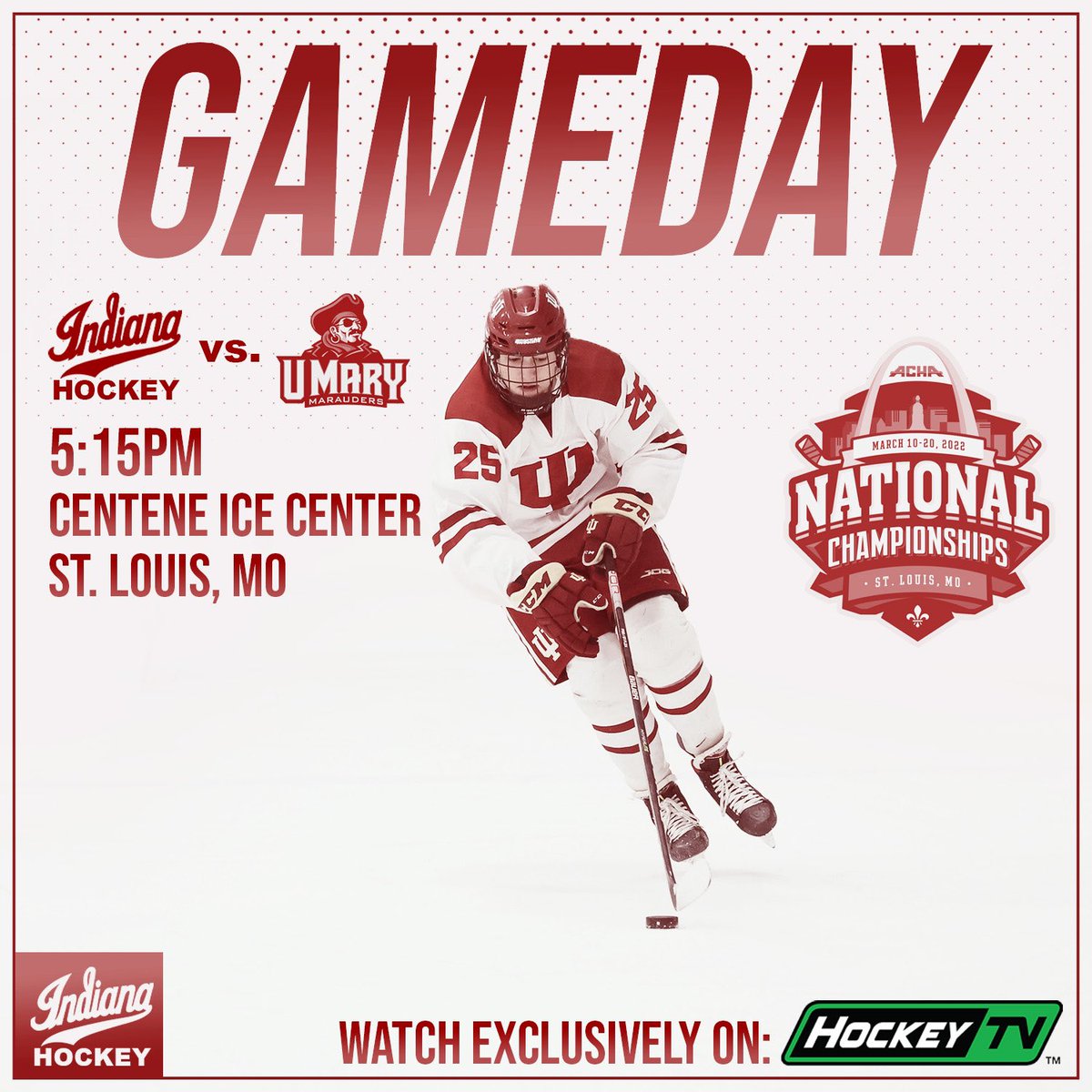 Day 2️⃣ Game 2️⃣ 

The Hoosiers will face University of Mary at 5:15pm (CDT) at Centene Ice Center here in St. Louis 

Tune in on HockeyTV and use promo code “ACHA2022” for $5 off a monthly subscription 

#RollHoosiers