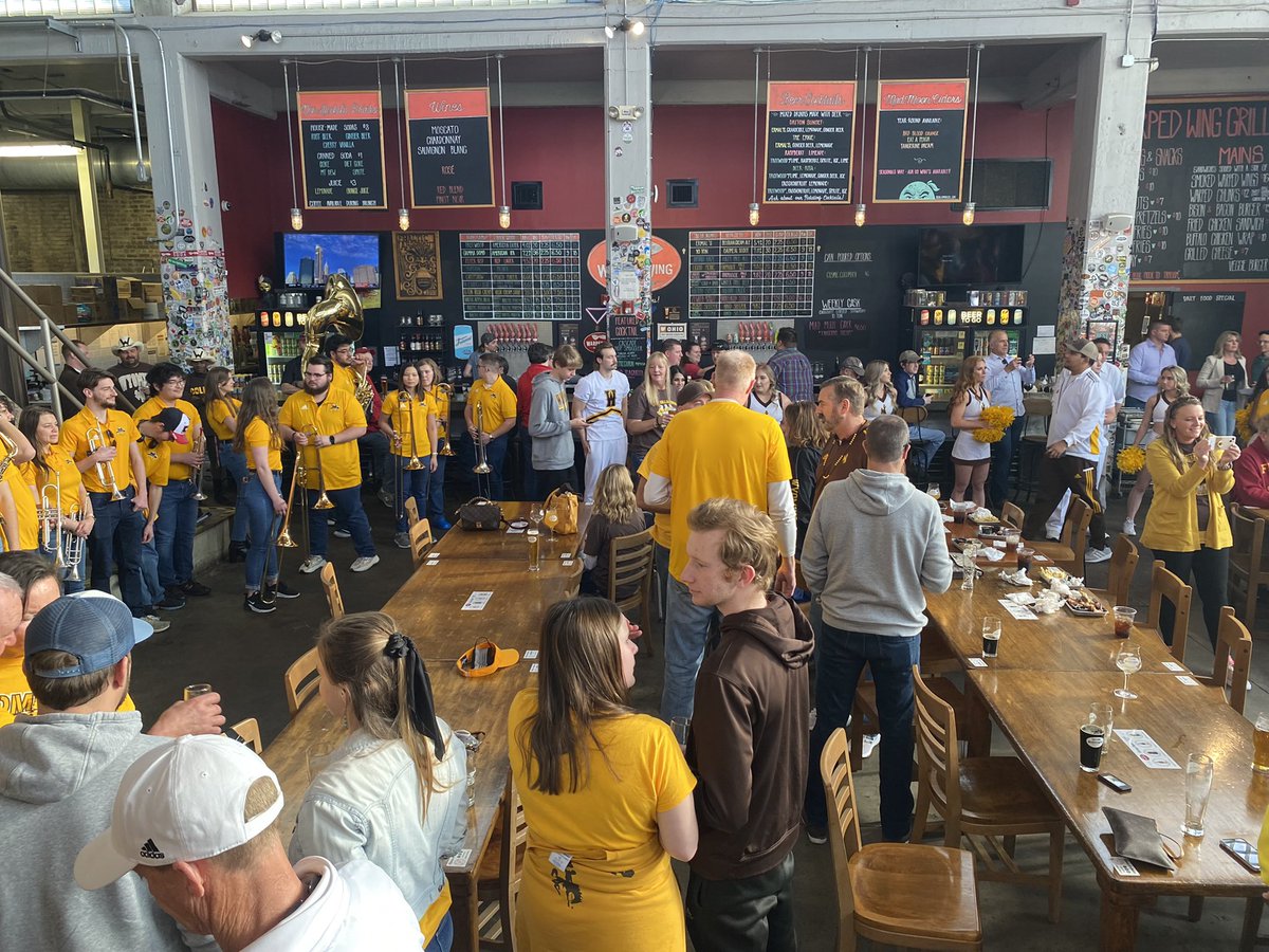 CowboyJoeClub's tweet photo. In heaven there is no beer… 🍺 thank you Warped Wing for hosting our pregame! #gowyo https://t.co/x20MHsGXpa