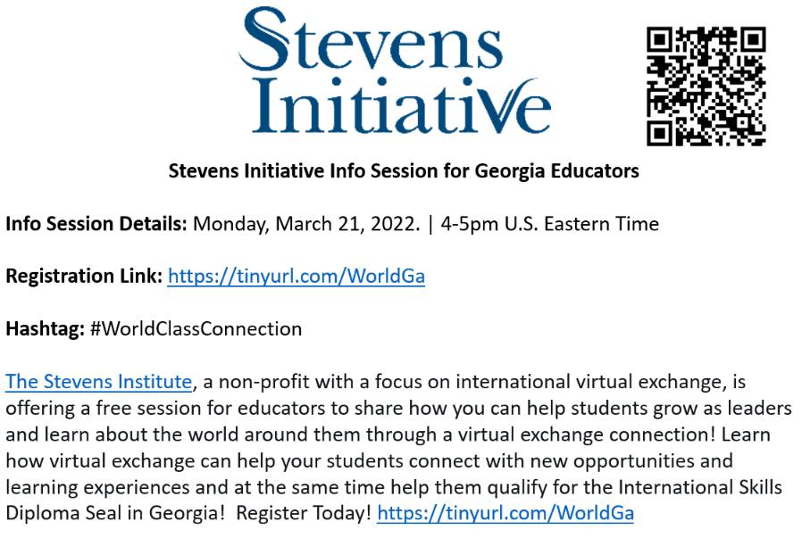 Attention Ga teachers, a free opportunity from the The Stevens Initiative to learn how to connect your students with other students virtually from around the world.  The event is coming up next Monday! <a href="/StevensInit/">Stevens Initiative</a> @FLAGeorgia <a href="/actfl/">ACTFL</a> <a href="/JNCLInfo/">Joint National Committee for Languages</a>
