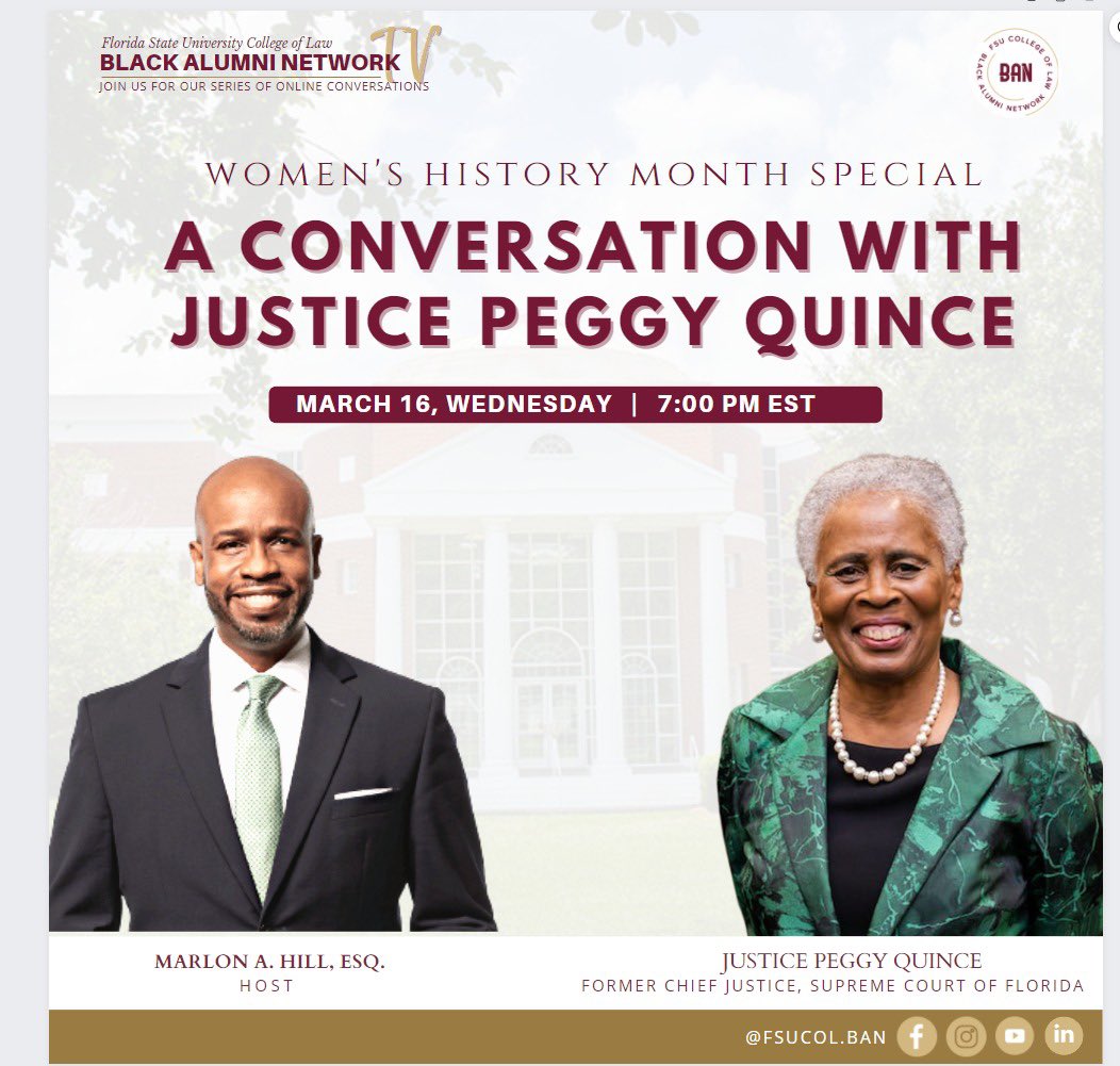 MarlonAHill's tweet photo. It's Women's History Month! Join me for a special episode @FSUCollegeofLaw BANtv on Wed, March 16th, 7PM with my special guest - the 2nd African American and 3rd woman to serve as Chief Justice, #PeggyQuince https://t.co/Fw3J5aDJQj
#fsucolban #bantv #WomensHistoryMonth https://t.co/vSzDq8eSo7