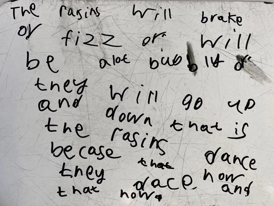 HPS_LowerSchool's tweet photo. Y1 are starting every day this week conducting fun science experiments. Yesterday the children predicted what would happen when the raisins were dropped into soda water! So proud of these written predictions. 🤩#HaslemereCurriculum #INSPIRE #BritishScienceWeek2022 @LettersSounds https://t.co/u734IDw82Y