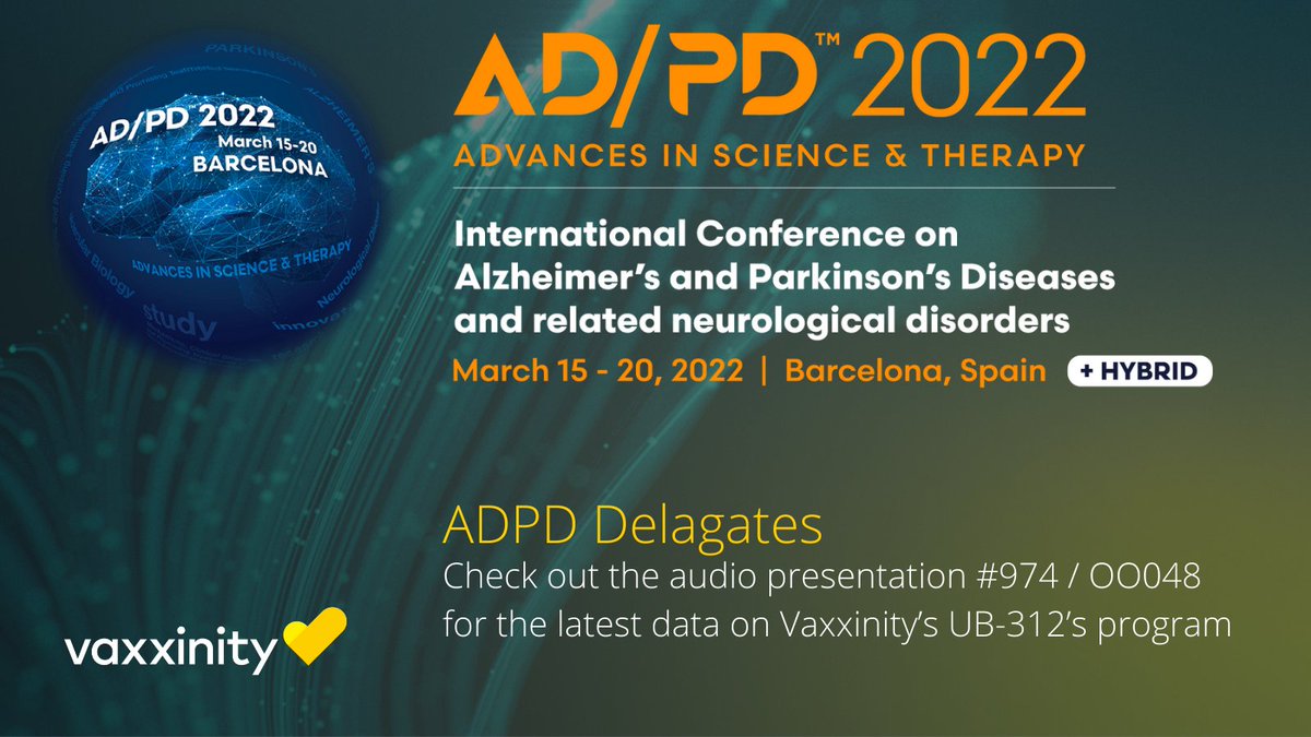 vaxxinity's tweet photo. The #ADPD2022 kicks off today and it is a privilege to be part of such an insightful and important event. Our delegate Hui-Jing Yu is proud to be sharing UB-312 Part A trial results, and profiling the road ahead to Part B dosing. #Alzheimers #Parkinsons https://t.co/g2O9g9sV9k