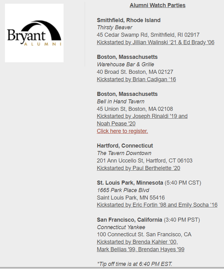 BryantBGClub's tweet photo. Here is a list of some great @BryantAlumni watch parties for Wednesday night's game. Hope you can make it to one near you and cheer on the Bulldogs in the NCAA tournament. https://t.co/FrW7M3Go3f
