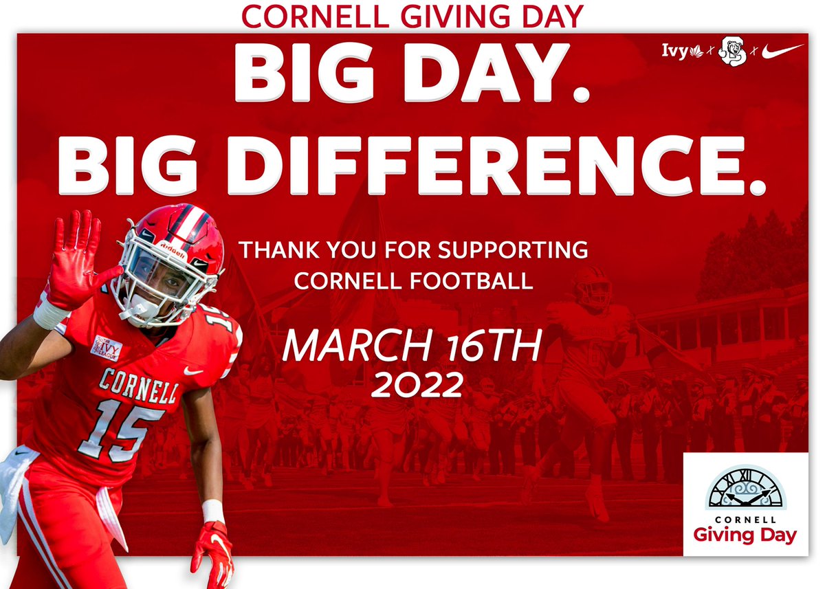 Big Day, Big Difference. 

Tomorrow is <a href="/Cornell/">Cornell University</a> Giving Day, and your unwavering support to our student-athletes is very much appreciated ❤️ #YellCornell #CornellGivingDay