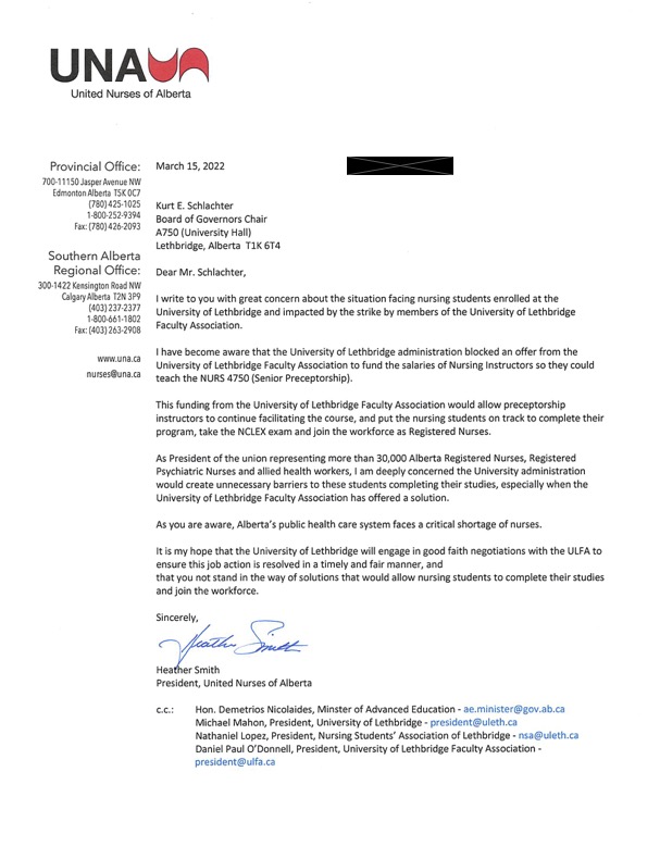 UNA has written to <a href="/uLethbridge/">ULethbridge</a>'s board chair raising concerns about #uleth blocking an offer by <a href="/ULFAssociation/">ULFA</a> to fund the salaries of Nursing Instructors to teach the Senior Preceptorship course. 

This would have put 4th year nursing students back on track to become RNs.