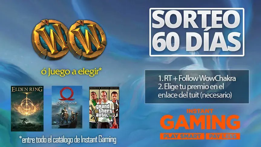 WowChakra (@wowchakra) on Twitter photo 🎁 ¡SORTEO DE MARZO! 60 DÍAS DE WOW O JUEGO A ELEGIR 🎁
Participa fácilmente:
✅ RT+Follow
✅ Elige tu premio aquí instant-gaming.com/es/giveaway/PY… (necesario para participar)
▶ Termina 31 de Marzo
▶ Patrocinado por <a href="/InstantGamingES/">Instant Gaming</a>
wowchakra.com/wowchakra/sort… 🎁 ¡SORTEO DE MARZO! 60 DÍAS DE WOW O JUEGO A ELEGIR 🎁
Participa fácilmente:
✅ RT+Follow
✅ Elige tu premio aquí instant-gaming.com/es/giveaway/PY… (necesario para participar)
▶ Termina 31 de Marzo
▶ Patrocinado por <a href="/InstantGamingES/">Instant Gaming</a>
wowchakra.com/wowchakra/sort…