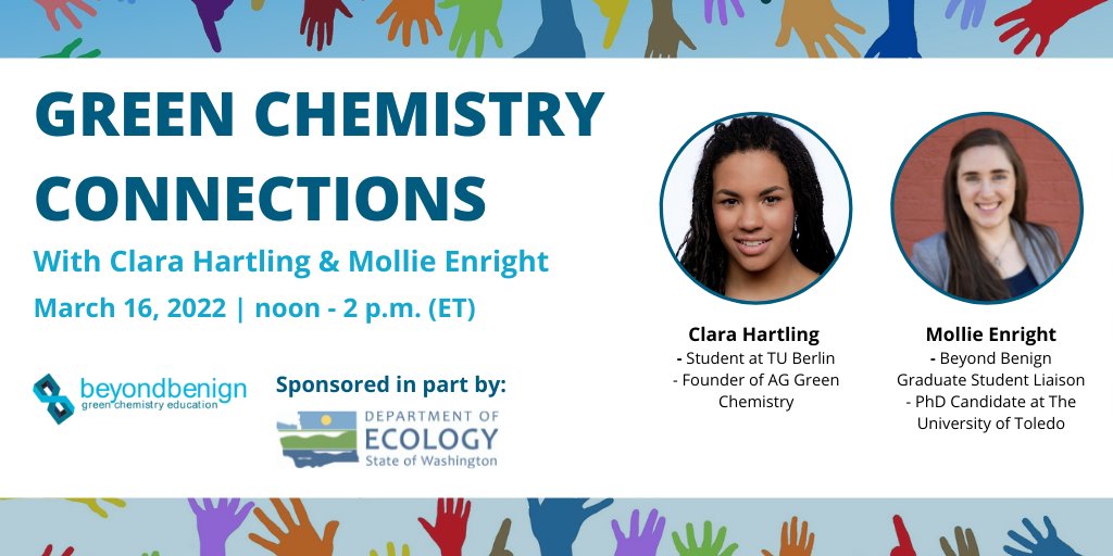 beyondbenign's tweet photo. Join us tomorrow to hear about student efforts to implement & encourage adoption of #GreenChemistry. Featured speakers are Clara Hartling (@TUBerlin & AG Green Chemistry) & Mollie Enright (@UToledo & #BeyondBenign). Register here & RT! https://t.co/pR3M0YPnPi https://t.co/wBYVO9YBtE