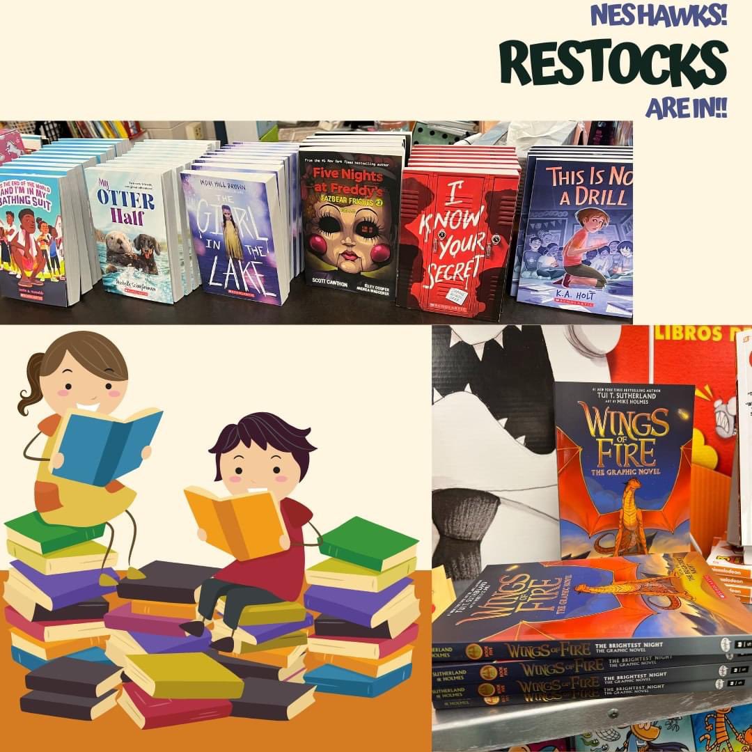NESHawks's tweet photo. Exciting news, NES Hawks! If you were waiting for one of the titles that was out of stock, our restock shipment came in today! Come get your books!
Book Fair Hours: 8:15-2:45
Family and Community Night: 3/17 from 3:30-7:00 pm Thanks!
#NESreads
#NESrocks
#ScholasticBookFairs https://t.co/20oqHq4YZp