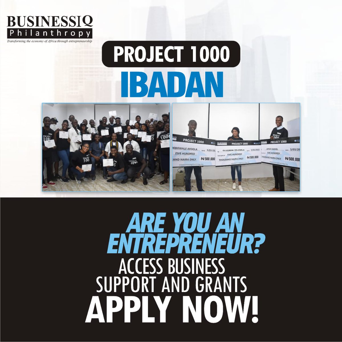 project1000_ng's tweet photo. Do you live in the city of IBADAN and its environs? Are you an ENTREPRENEUR or do you have an innovative idea? Do you need BUSINESS and FINANCIAL SUPPORT? Then apply for the BusinessIQ Philanthropy Project 1000. Click the link below to get started. https://t.co/OAcpdYPYad https://t.co/DNM7zuYNlP