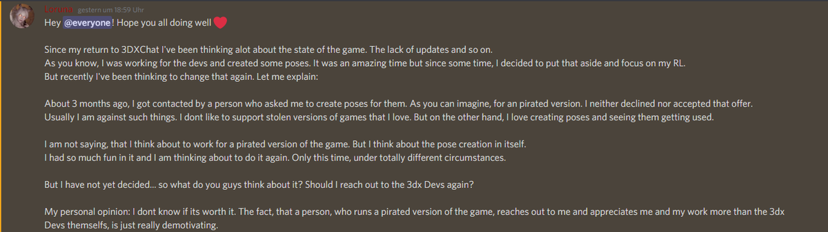 loruna3dx's tweet photo. Hey everyone 🥰

Since I am back in #3DXChat I had thought alot about the state of the game. I made an post on my discord server to hear some opinions and I would love to hear your opinions on Twitter as well.😊 https://t.co/W0R4IQg5QW