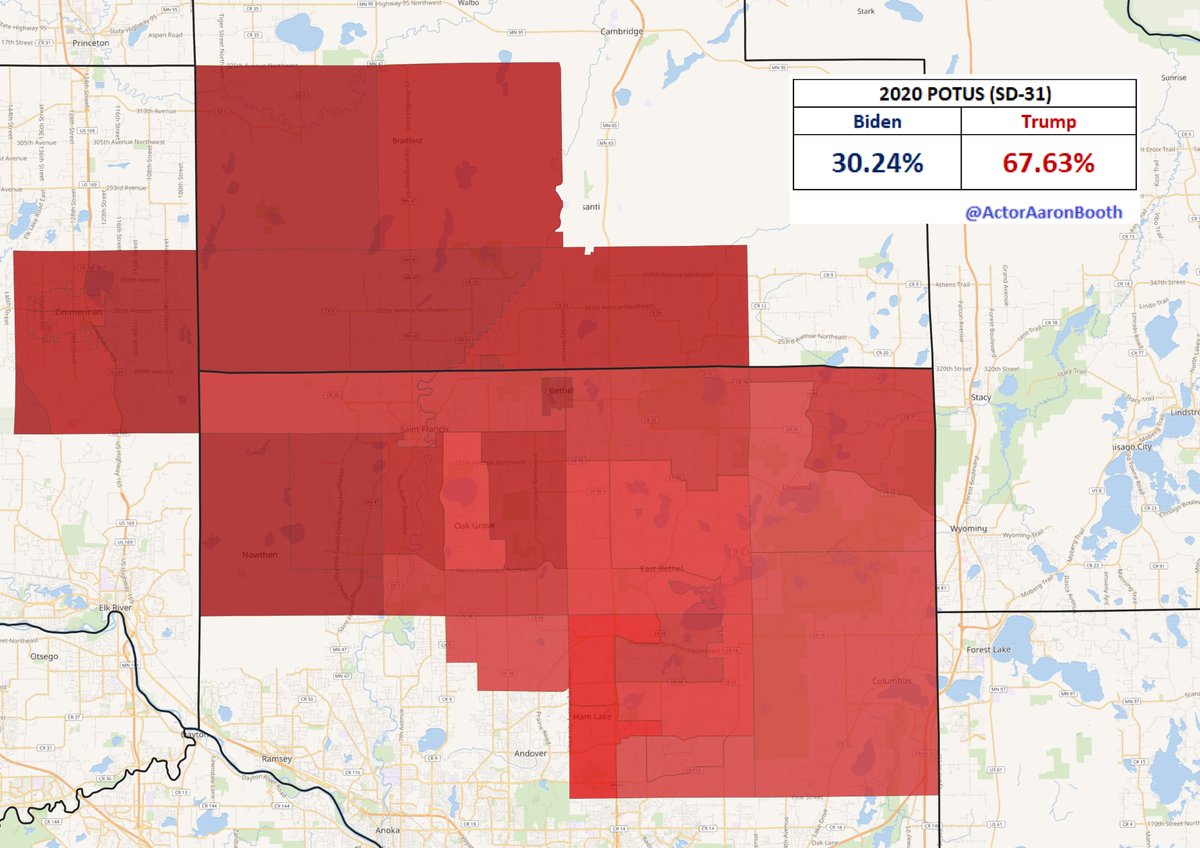ActorAaronBooth's tweet photo. Benson is running for Gov so (unless she were to switch back) the new #SD32 (the DFL'er from 2020 Kate Luthner is running again) will be an open race in '22. Ham Lake and Columbus pull the district right, but Blaine has grown rapidly & shifted back left in '20. https://t.co/F1p4bdLsrO
