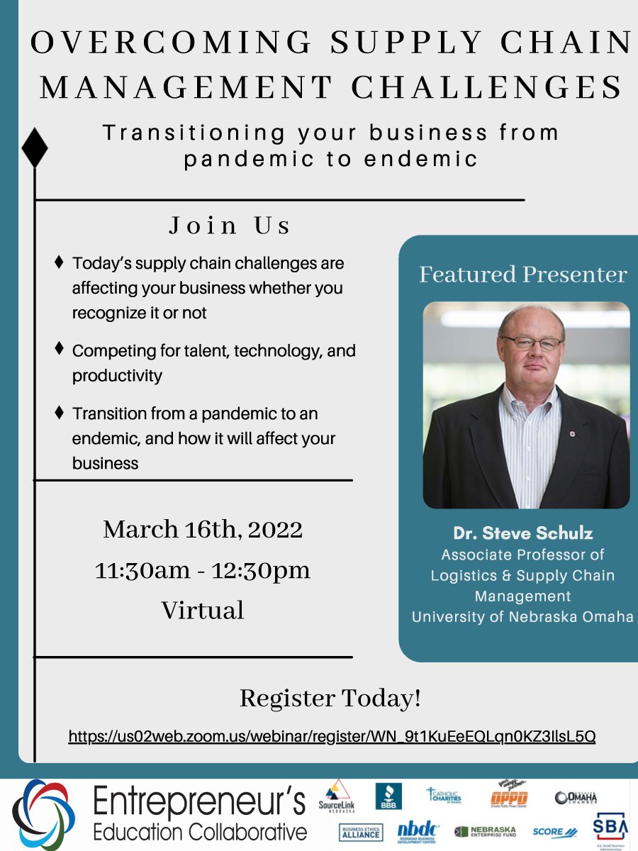 Join us to hear from Dr. Steve Schulz, professor of Logistics &amp; Supply Chain Management to talk about how your business can overcome some of the major supply chain issues we have faced since the pandemic.
Register: hubs.ly/Q0162FPR0