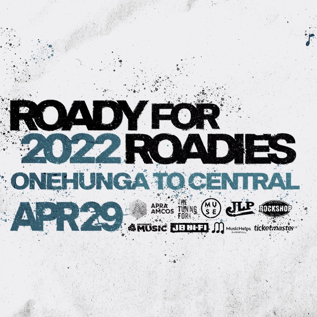 Auckland fundraising walk Roady For Roadies returns Fri 29 April.  Tickets go on sale 21 March 12:00pm from Ticketmaster.

Thanks to APRA AMCOS, The Tuning Fork, JLP Presents, Rockshop NZ, Recorded Music NZ, JB Hi-Fi NZ &amp; Ticketmaster NZ.
