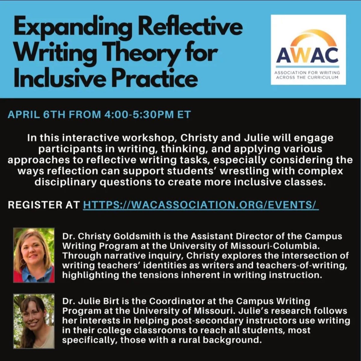 Upcoming: “Expanding Reflective Writing Theory for Inclusive Practice,” on Wednesday, 04/06 4:00-5:30pm EST, presented by Dr. Christy Goldsmith and Dr. Julie Birt.

wacassociation.org/event/virtual-…