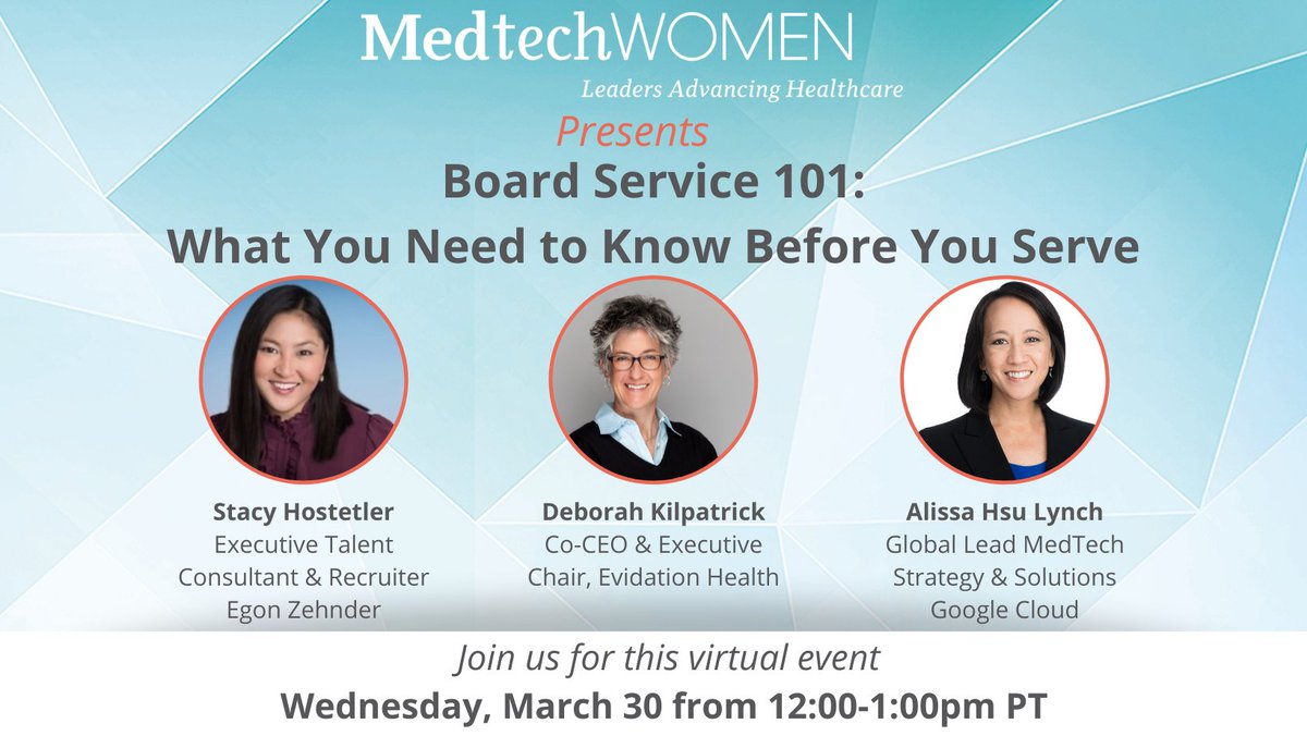 Join us virtually for the inaugural event in a series on “Your Journey to (and in) the Boardroom,” curated by MedtechWomen’s Board Development Committee.  
 
Cost: $10 for MedtechWomen Standard Members, $25 for Non-Members

Register here to attend: lnkd.in/dzW4fE_d