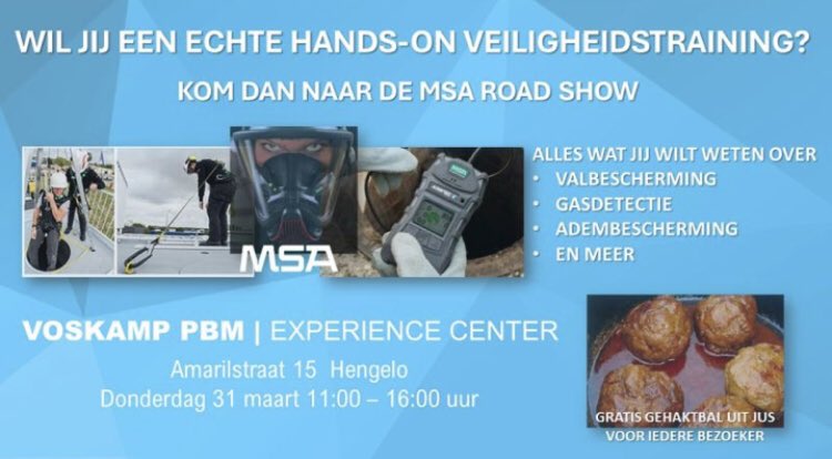 Geachte veiligheidsambassadeurs,

Graag nodigt Voskamp Bedrijfskleding en PBM u uit om (inter)actief deel te nemen aan een unieke hands-on veiligheidstraining van MSA The Safety Company.

U bent meer dan welkom op deze leerzame dag.

Graag tot ziens op dond. 31 maart aanstaande.
