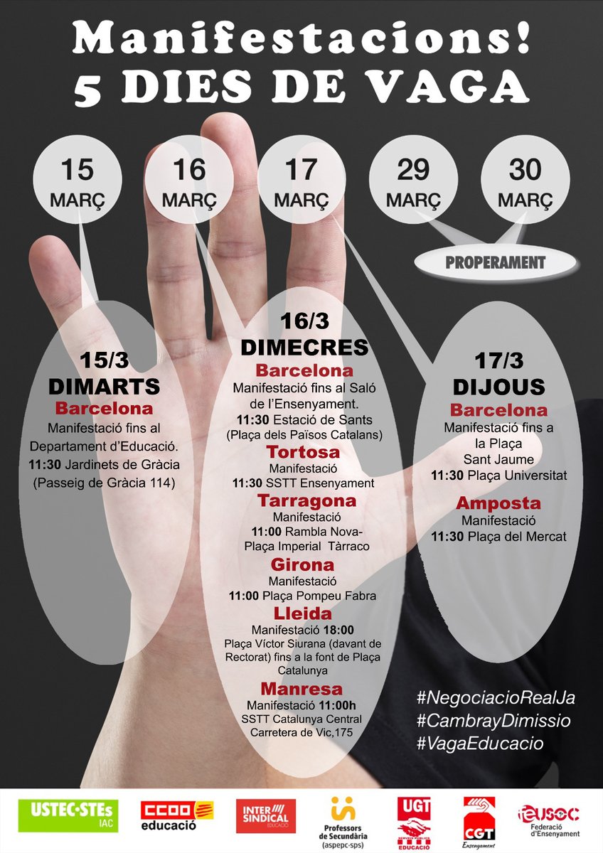 Demà dimecres 16 de març, el professorat torna al carrer a defensar l'Eucació Pública de Catalunya front a 12 anys d'atacs per part d'<a href="/educaciocat/">Educació</a> i dels seus consellers.

A la vaga!

#VagaEducació 
#CambrayDimissió
