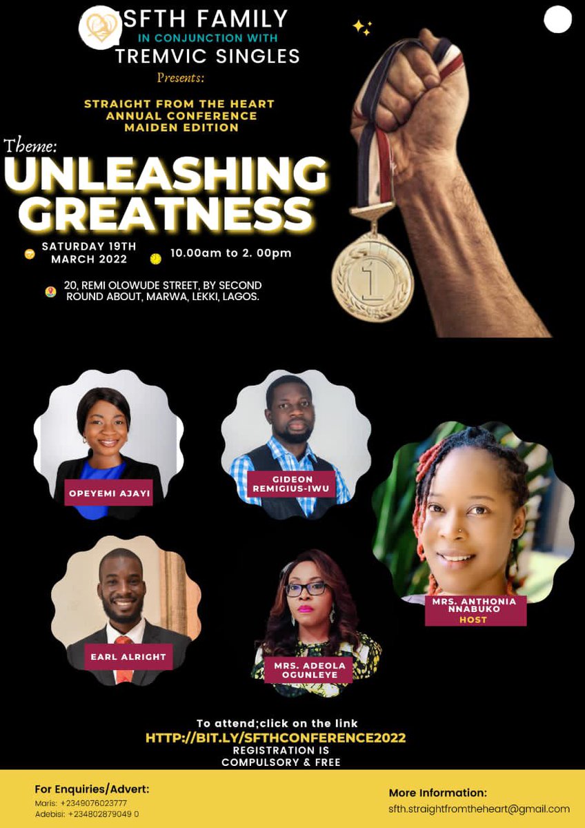 sfth_official's tweet photo. Happening this Saturday at TREMVIC Centre, Marwa, Lekki Lagos. It’s totally free. Registration is compulsory. Check flier for more details https://t.co/hyvaIqjud8
