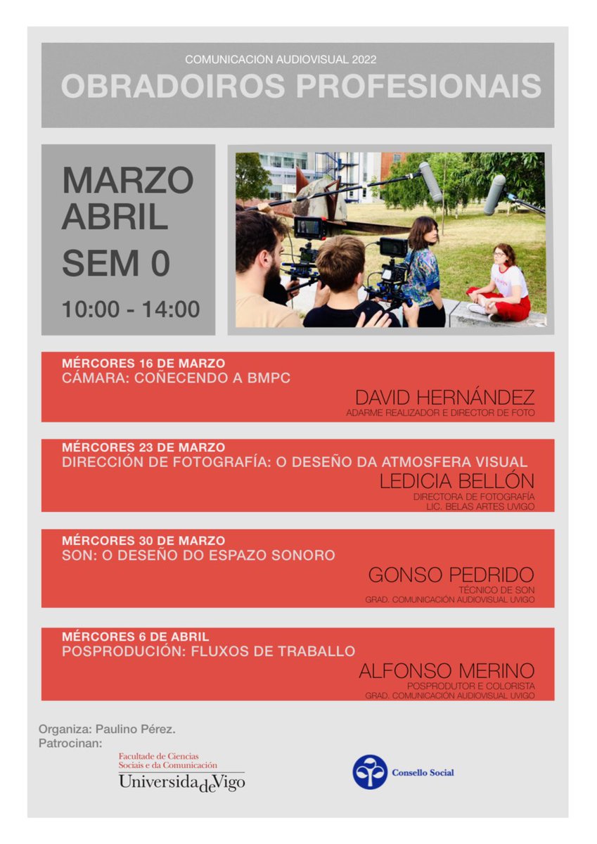 fcom_uvigo's tweet photo. Mañán comenzan os Obradoiros profesionais que conectarán o alumnado de CAV coa realidade do sector e asesoraranos nos seus proxectos. Os mércores de marzo e abril de 10 a 14 no Seminario 0. #talentofcsc #uvigo #obradoiros https://t.co/BkWBTySfr1