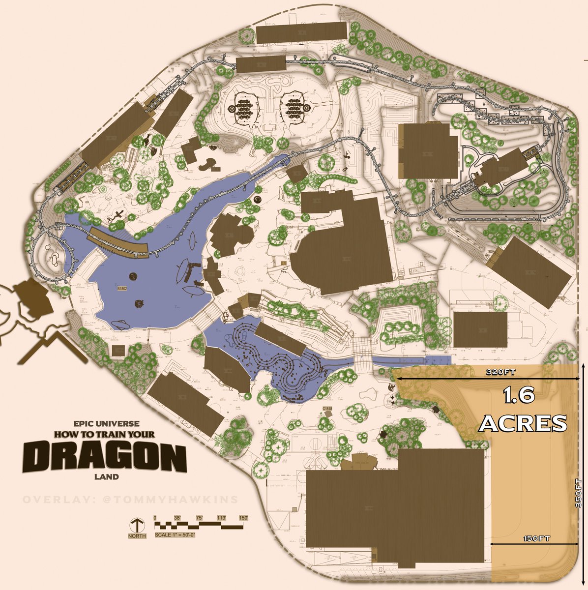 The final most exciting point of analysis in HTTYD land, that i thought would be completed from day 1, is the grading plan shows an approx 1.6acre area of flat unused space available to expand. its about the area of Mummy show building.  #EpicUniverse