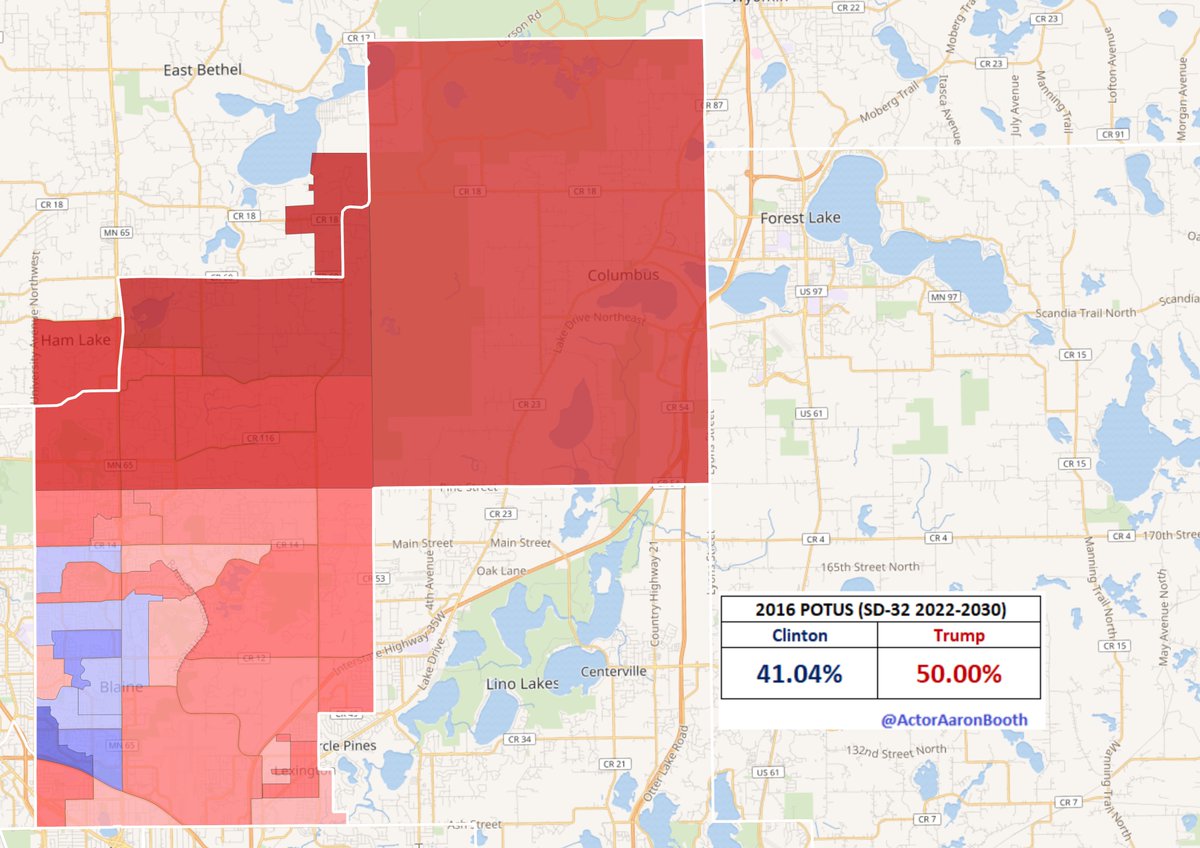 ActorAaronBooth's tweet photo. Benson is running for Gov so (unless she were to switch back) the new #SD32 (the DFL'er from 2020 Kate Luthner is running again) will be an open race in '22. Ham Lake and Columbus pull the district right, but Blaine has grown rapidly & shifted back left in '20. https://t.co/F1p4bdLsrO