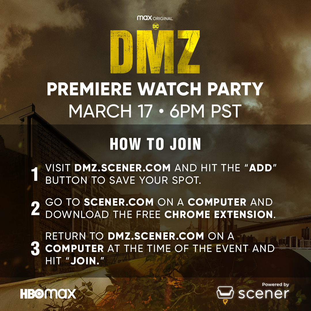 streamonmax's tweet photo. Join the cast and crew of #DMZonMax, including #AvaDuVernay, #RobertoPatino, #RosarioDawson, #BenjaminBratt, #HoonLee and #FreddyMiyares, for an exclusive watch party of the first episode on @scener this Thursday! https://t.co/JuCTLae0yg