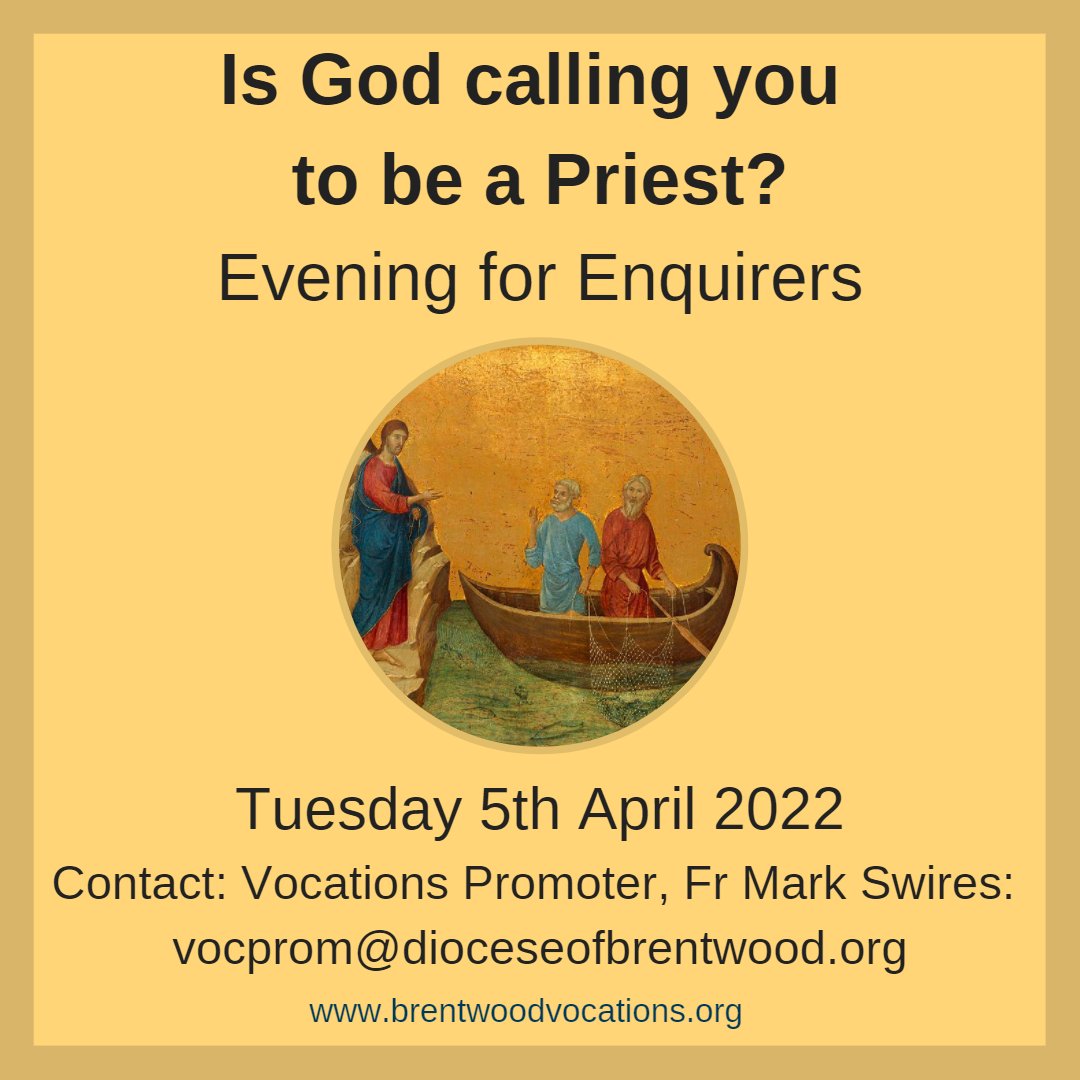 BrentwoodVocs's tweet photo. The session will be at St Edmund of Canterbury Church, 9 Traps Hill, Loughton IG10 1SZ. This month’s talk will be given by Mgr Kevin Hale. Please contact Fr Mark Swires (vocprom@dioceseofbrentwood.org) for more information.
@BrentwoodRC @BrentwoodCYS @cathedralb1 @Father_Dominic https://t.co/szxcdhoA6r