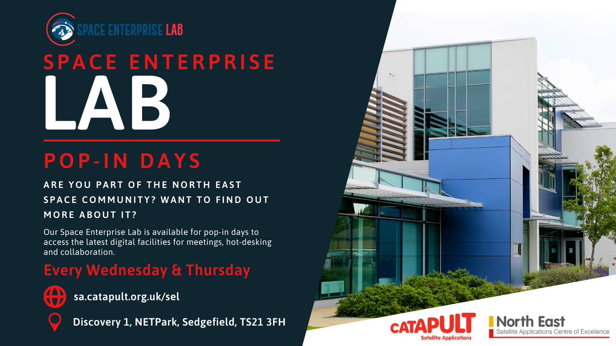 Space North East England (@spaceneengland) on Twitter photo Looking for a #space (pun intended!) to work? Need somewhere to hold your meeting? 
Our Space Enterprise Lab is available to book for a variety of needs every Wednesday and Thursday!
Book your slot here 👉 sa.catapult.org.uk/sel/
#OurSpaceIsYourSpace <a href="/SatAppsCatapult/">Satellite Applications Catapult</a> Looking for a #space (pun intended!) to work? Need somewhere to hold your meeting? 
Our Space Enterprise Lab is available to book for a variety of needs every Wednesday and Thursday!
Book your slot here 👉 sa.catapult.org.uk/sel/
#OurSpaceIsYourSpace <a href="/SatAppsCatapult/">Satellite Applications Catapult</a>