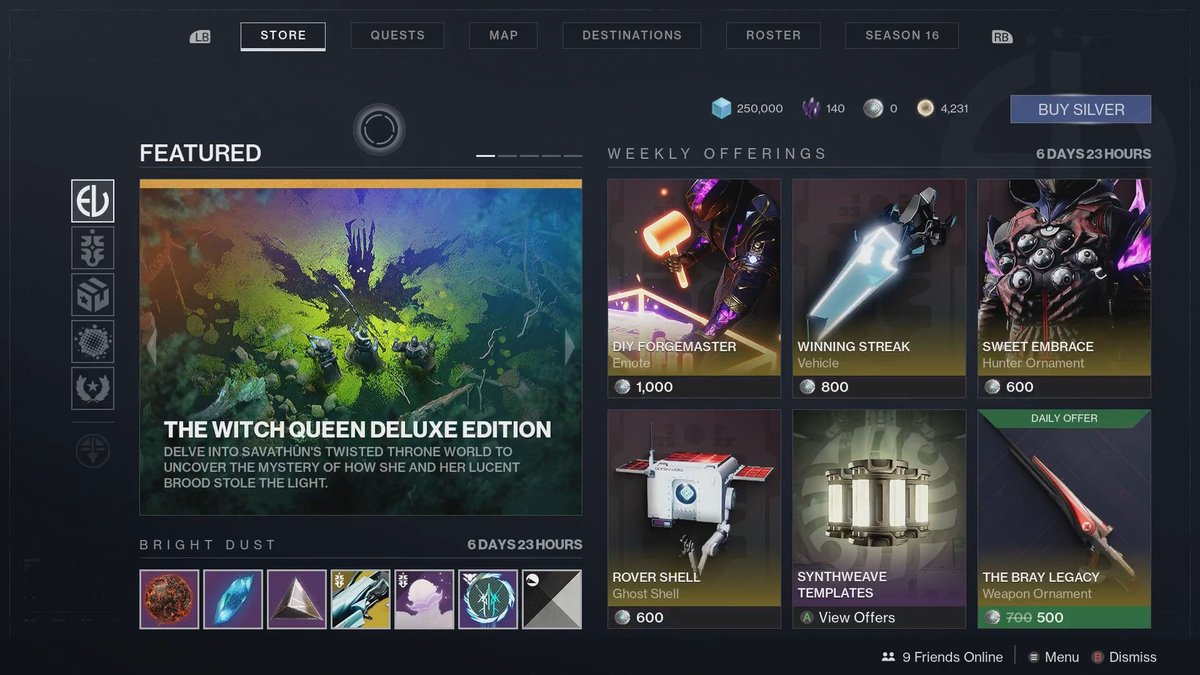 HoldToReset's tweet photo. Here's what's for sale in the Destiny 2 shop after today's weekly reset. https://t.co/ySX3xpHSjT
#Destiny2 #BrightDust #FeaturedItem #Eververse https://t.co/FoGON6i66L