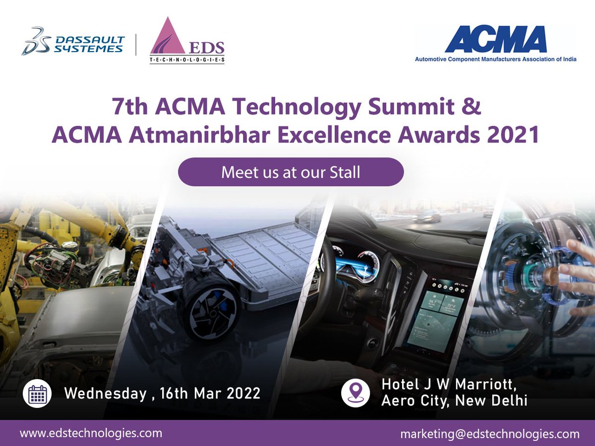 EDSTechnologies's tweet photo. We are participating in the 7th @ACMAIndia Technology Summit in New Delhi. We look forward to engage with automotive suppliers at our booth and discuss on how technology can help provide you the differentiators &amp; distinctive competitive advantage.

#3DEXPERIENCE #edstechnologies https://t.co/GbpMLpczj2