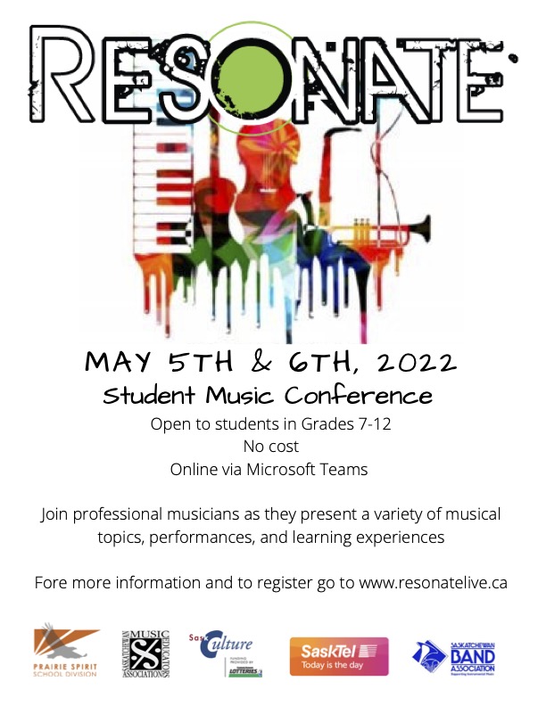 Resonate: Student Music Conference – May 5th &amp; 6th, 2022. Join professional musicians as they present on a variety of musical topics, performances, and learning experiences.<a href="/prairiespiritsd/">Prairie Spirit SD</a> <a href="/Dave_C_OFB/">Dave Carter</a> <a href="/pmattilabains/">Peggy Mattila-Bains</a> @SaskatchewanMu1 <a href="/skband/">Sask Band Assoc.</a> 
Register at resonatelive.ca